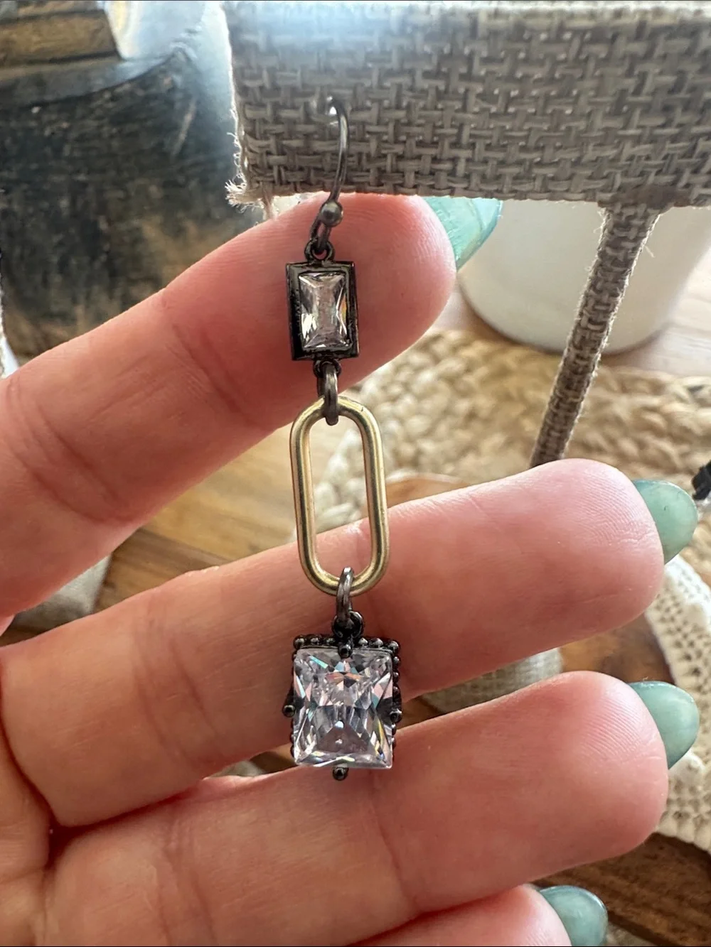MIxed Metal Geometric Crystal Drop Earrings Gunmetal and Gold Tone - Picture 4 of 4